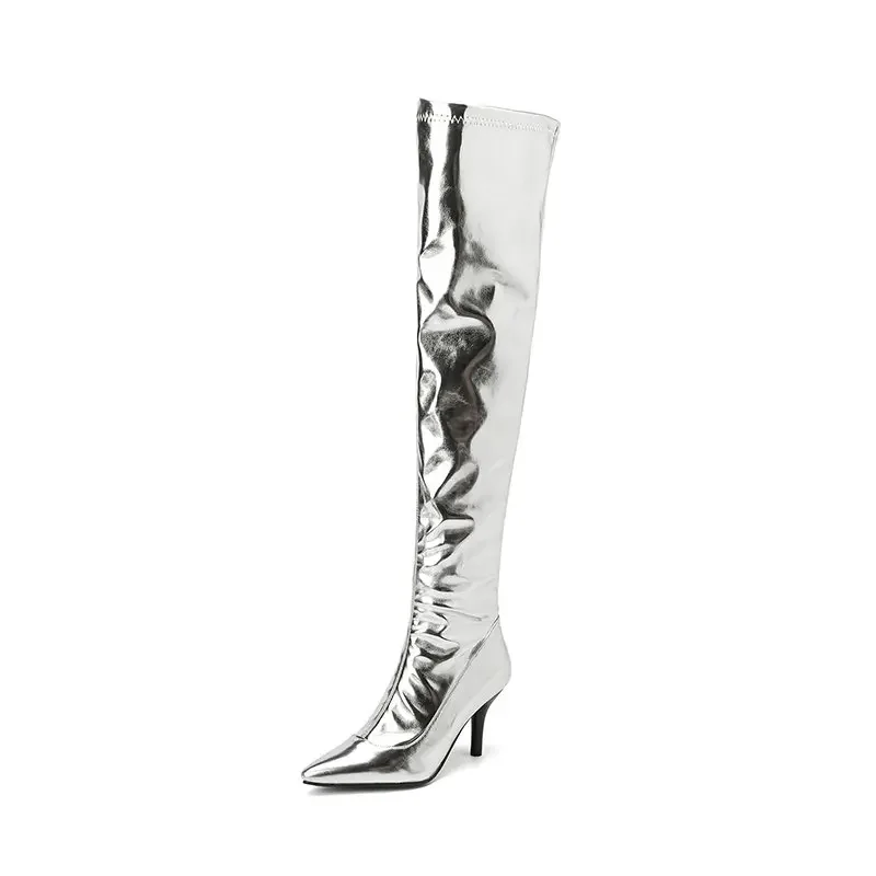 Over-the-knee Boots Big Size 48 Patent Leather Gold Silver Pointed Toe Stiletto High Heels Inner Zip Shiny Party Long Boots 13-7 - view 3