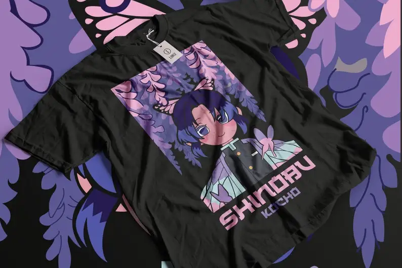 Cartoon Shinobu Demon Slayer Anime Merch Printed Shirt Japanese Manga Style Unisex 100%Cotton T-Shirt