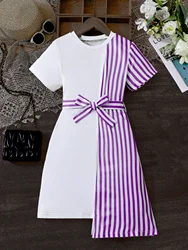 Summer girl vintage elegant purple bow tucked waist sweet stripe patchwork asymmetrical dress