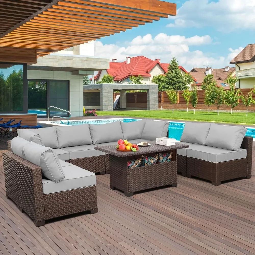 9-Piece Patio Rattan Furniture Set, Storage Table, Outdoor Modular Conversation Sofa, Brown PE Wicker Sofa, Washable Cushions image 6