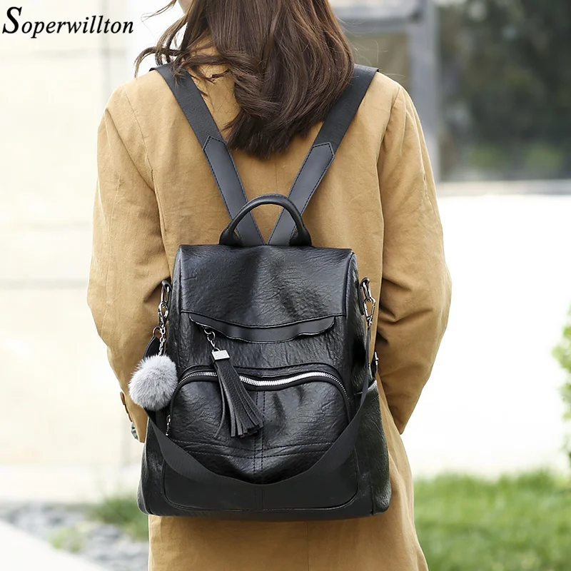 

Soperwillton Women Backpack Tassel PU Leather Backpacks for Teenage Girls School Bag Bagpack mochila #338