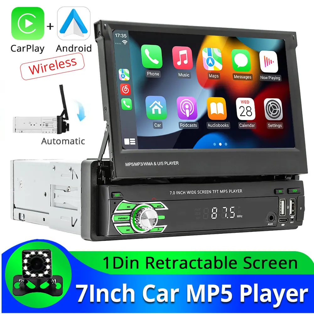 

1Din 7Inch Car MP5 Automatic Retractable Screen Multimedia Player Wireless Carplay Android Auto FM AUX Input Bluetooth Radio