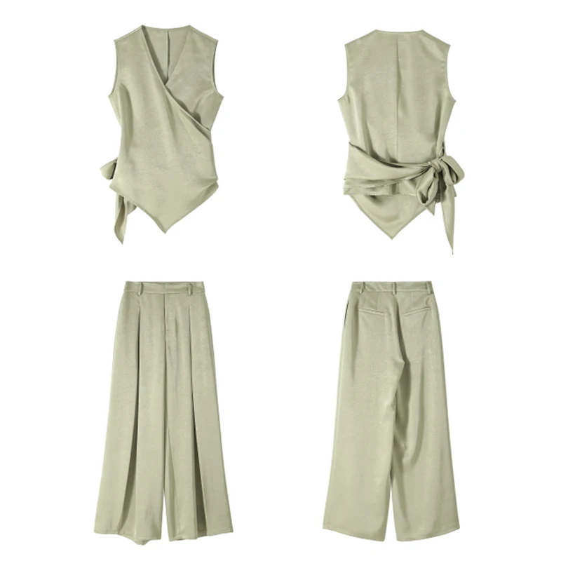 BGTEEVER Summer Loose Female Outfits V-neck Sleeveless Vests Women High Waist Wide Leg Trousers Ladies 2 Pieces Set