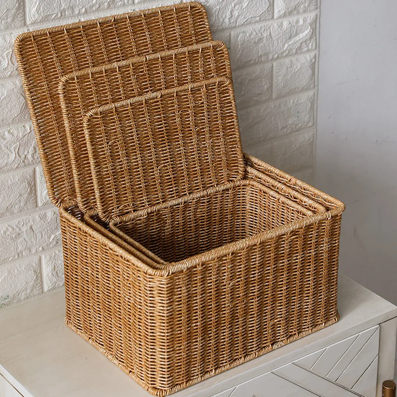 Storage Box Bedroom Laundry Organizer with Lid Imitation Rattan Woven Covered Storage Basket Wardrobe Storage Basket