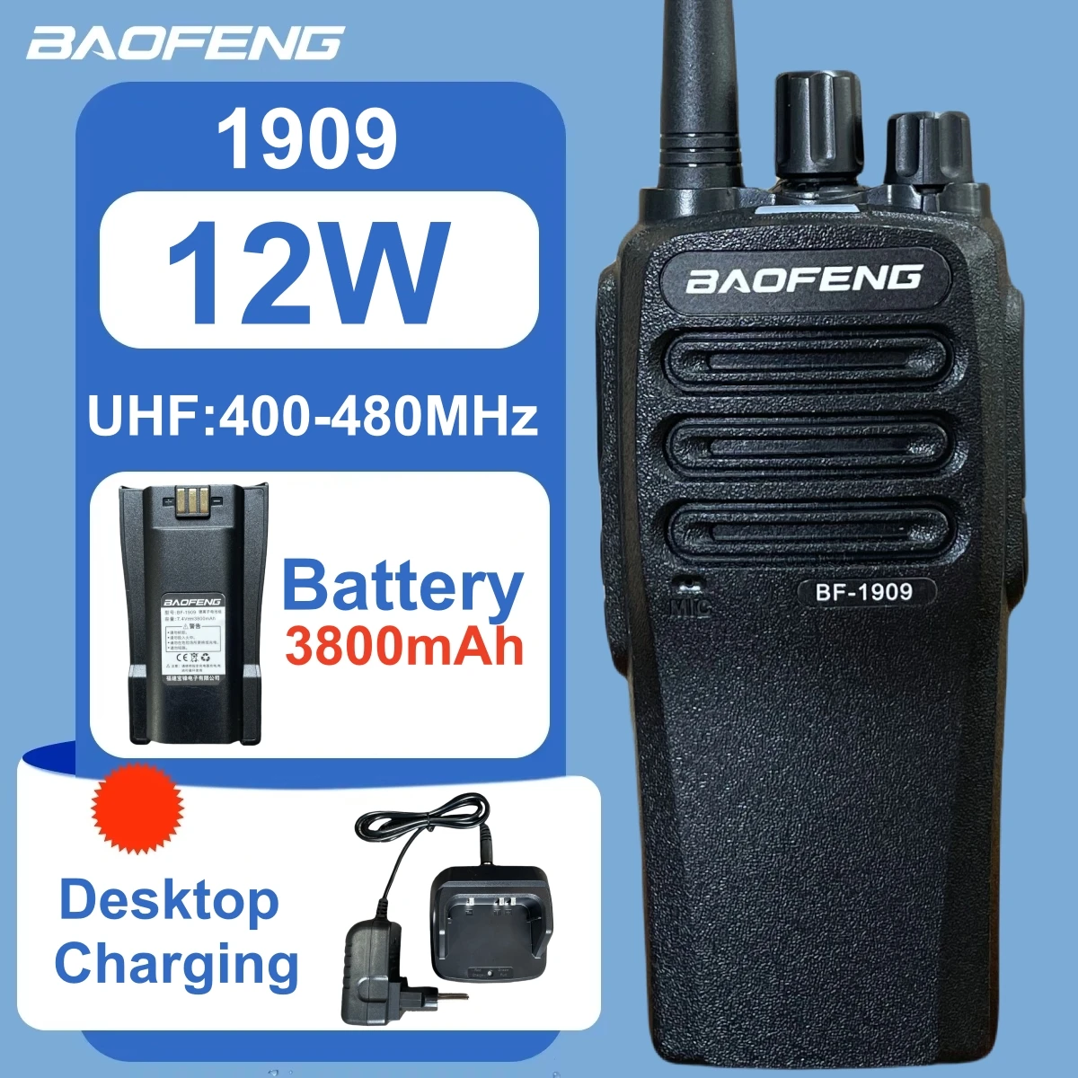BAOFENG 1909 This 12W High-Power Walkie-Talkie Is Easy To Use And Features A 3800Mah Battery For Long Battery Life.