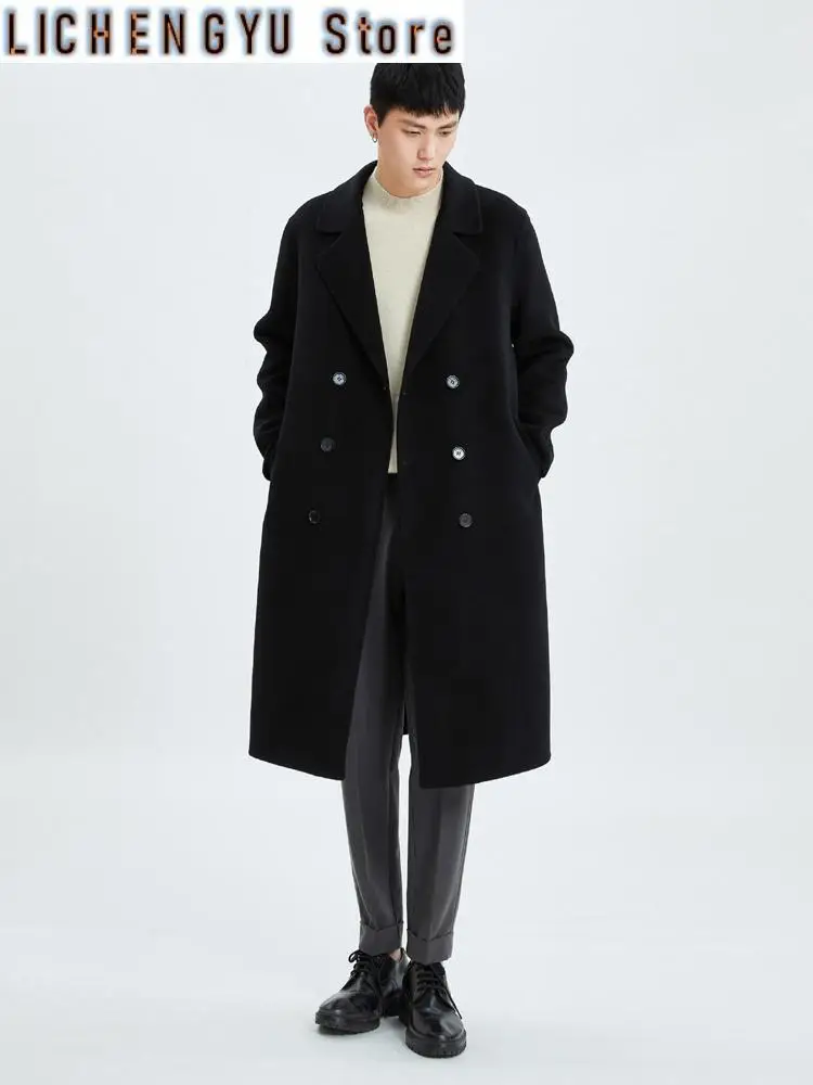High-End Men's Coat 100% Pure Wool Winter Thickened Outerwear Coat Double-Breasted Trendy Coat Fashionable All-Match Trench Coat