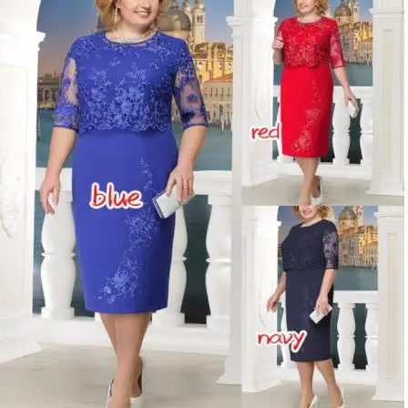 

Ele plus Size Lace Splicing Set Chubby Outfit Tee-quarter Sve round Ne Mid-length A-line Dr Ciwalk Sle