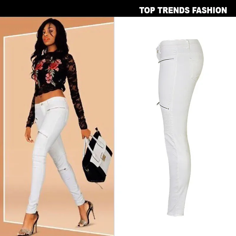 White Faux Leather Denim Leggings Patchwork Multi Zipper Motorcycle Womens Pants