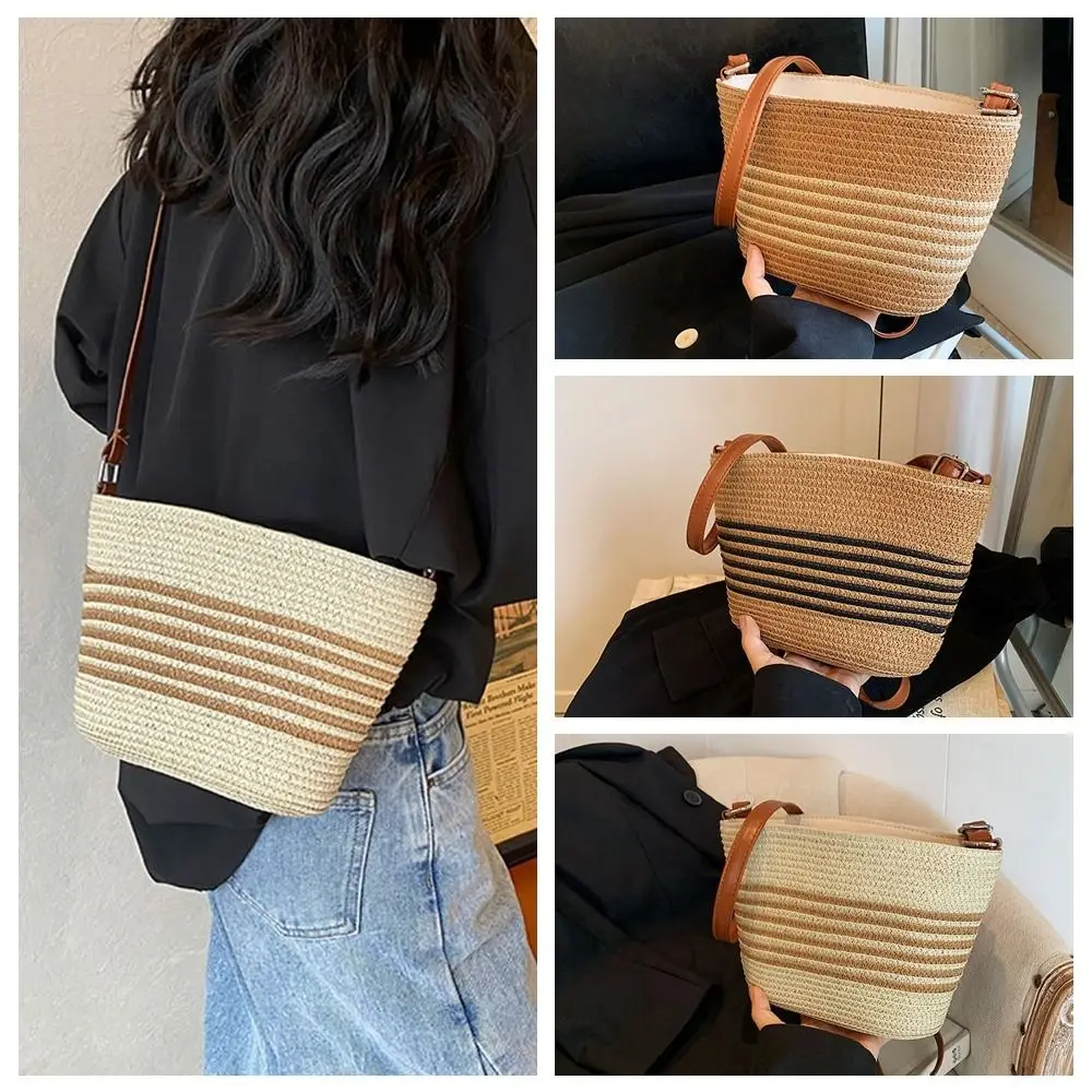 

Zipper Weave Straw Bag Bohemian Style Large Capacity Stripe Bucket Bag Phone Bag Korean Style Straw Crossbody Bag Vacation