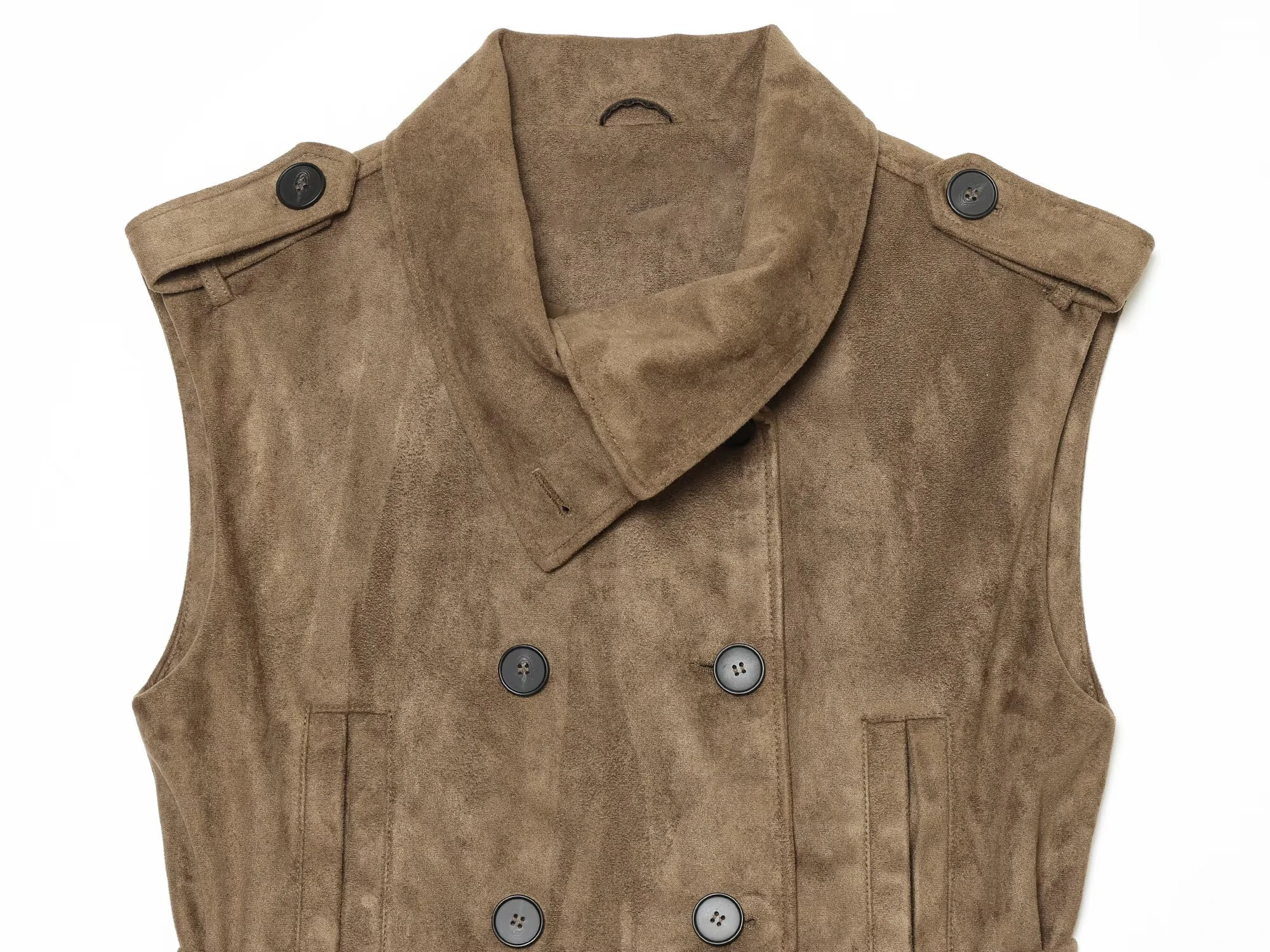 KONDALA Chic 2026 Wildleder Khaki Damenweste Streetwear mit Gürtel und Taschen Vintage Gerade Weste Einreihig Damenmode Oberbekleidung – Detail 5