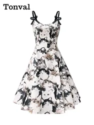 Tonval Cat Print Vintage Summer Cute Dress for Women 2024 O-Neck Bow Spaghetti Strap Holiday A-Line Dresses