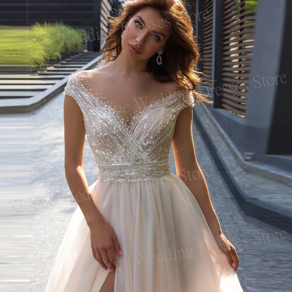 Sexy scollo A v una linea abiti da sposa eleganti maniche ad aletta con paillettes 3D Bling Backless abiti da sposa senza maniche Tulle Sweep Train