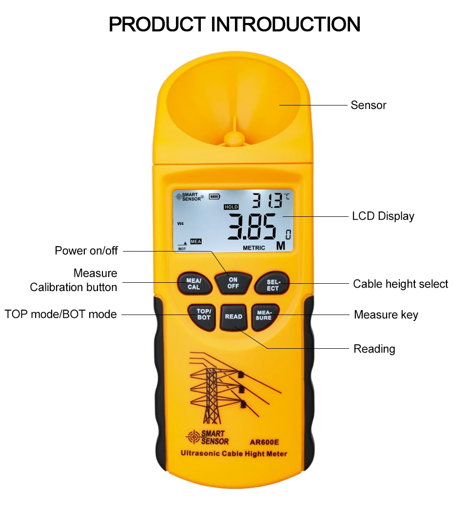 SMART SENSOR AR600E Ultrasonic Cable Height Meter 6 Cables Measurement LCD Display Height measuring instrument
