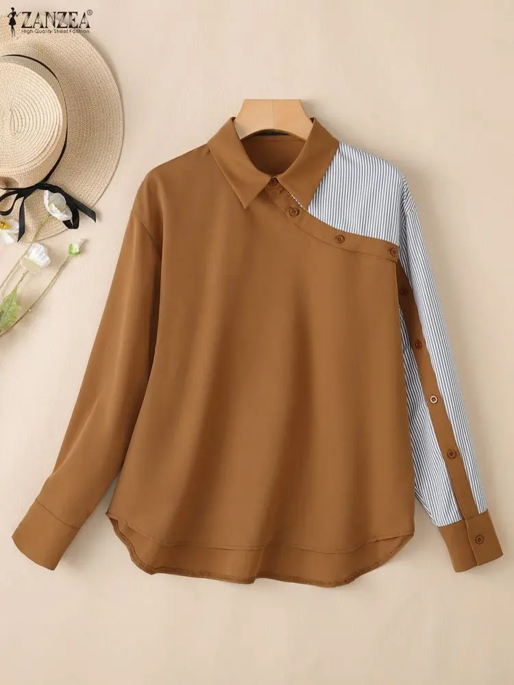

ZANZEA 2025 Autumn Striped Patchwork Blouse Office Women Shirt Elegant Lapel Long Sleeve Work Tops Irregualr Buttons Down Blusas