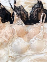 New Women Lingerie Set Sexy Lace Push Up Bra French 3/4 Thin Cup Bralette Cute Bow Decoration Underwear Comfort Bras Briefs Sets