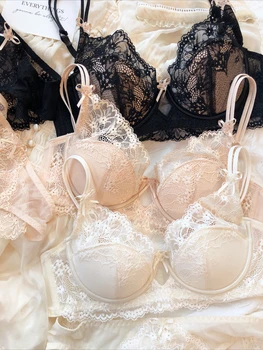New Women Lingerie Set Sexy Lace Push Up Bra French 3/4 Thin Cup Bralette Cute Bow Decoration Underwear Comfort Bras Briefs Sets