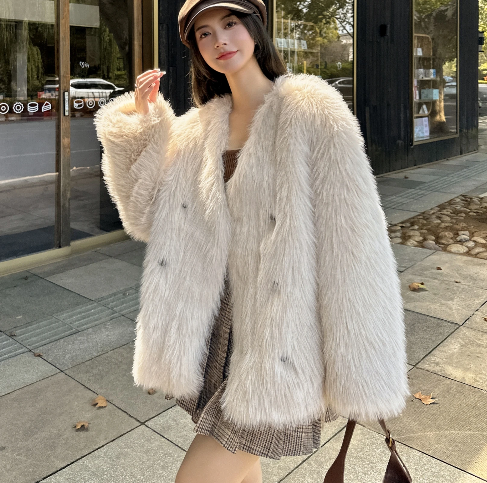 Faux Fur Coat V-neck Thickened Mid length Autumn and Winter Youth Popular Coat Women