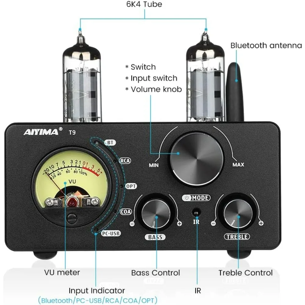 100W*2 Bluetooth Stereo Amplifier Class D Amp 2.0/2.1 Channel Tube Power Amp with PC-USB DAC Coaxial Optical Inputs &VU Meter