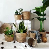 Straw Wicker Woven Planter Basket Handmade Yellow Laundry Storage Basket Flower Pot Rattan Seagrass Storage Basket