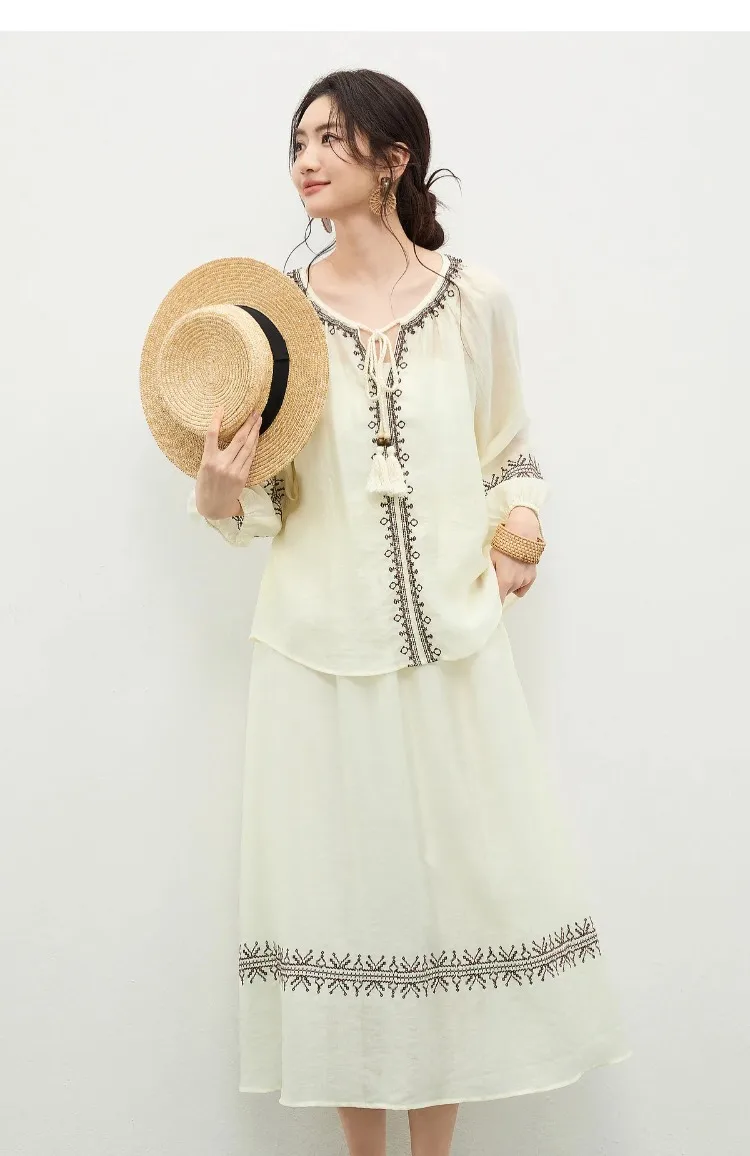 SENTUBILA Damen-Boho-Zweiteiler, Vintage-Stickerei, Quasten, loser Schnitt, Bluse mit elastischem Bund, A-Linien-Midirock, 162ZK5392 – Detail 21