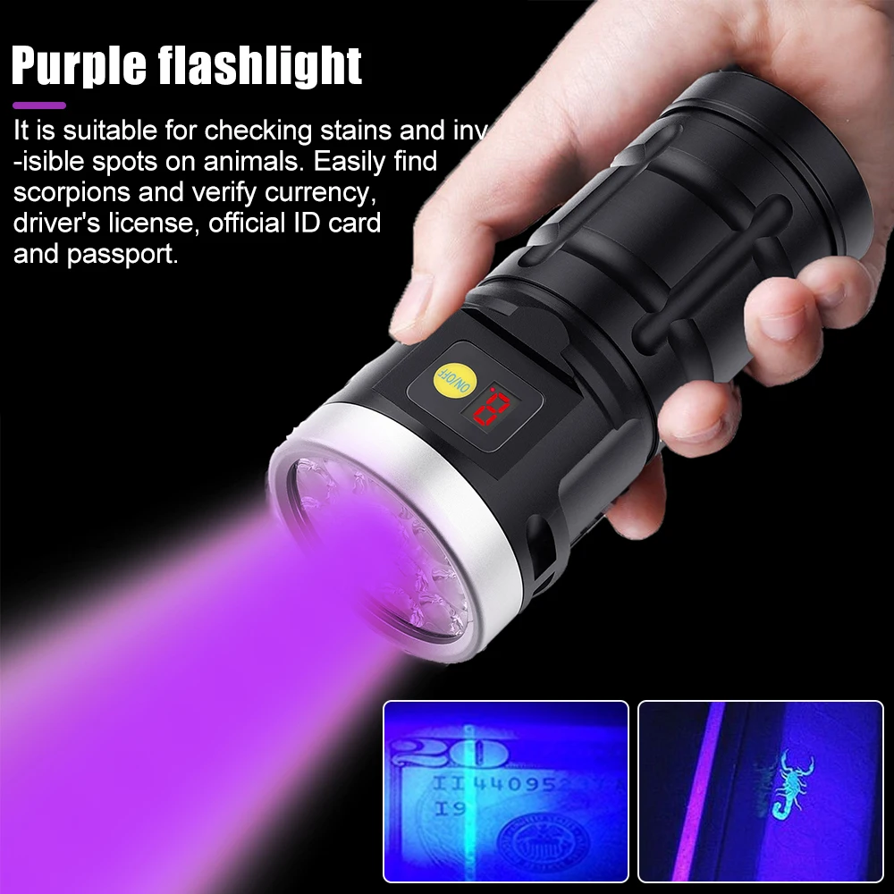 Powerful 10000LM 12*LED Flashlight 2 in 1 White Purple Light Torch USB Rechargeable 7 Modes Long Range Camping Hand Light