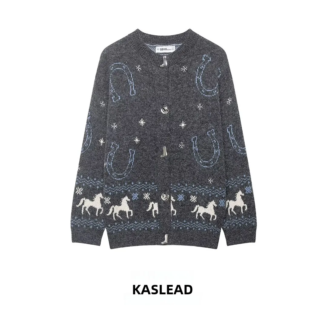 

KASLEAD New Faionable Knitted Patchwork Embroidery Women's Outerwear Loose Fit Open Cardigan Long Sve round Ne Buttoned