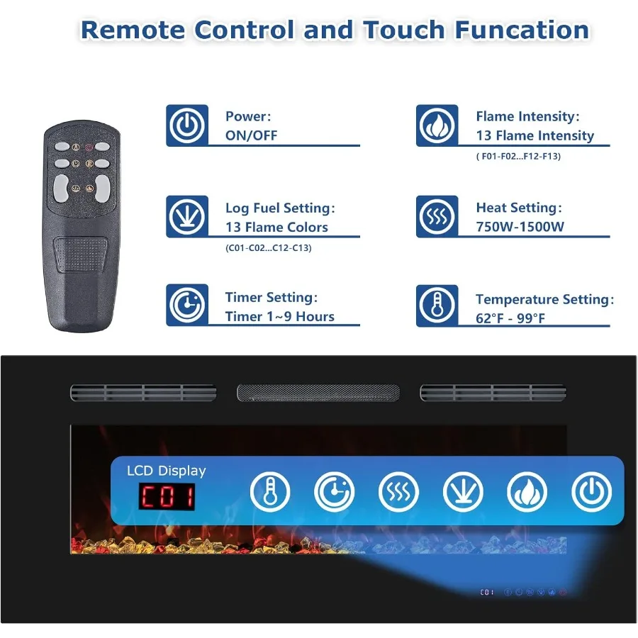 Camino elettrico da incasso a parete per camino elettrico da 60 pollici Riscaldatore per camino con timer telecomando regolabile