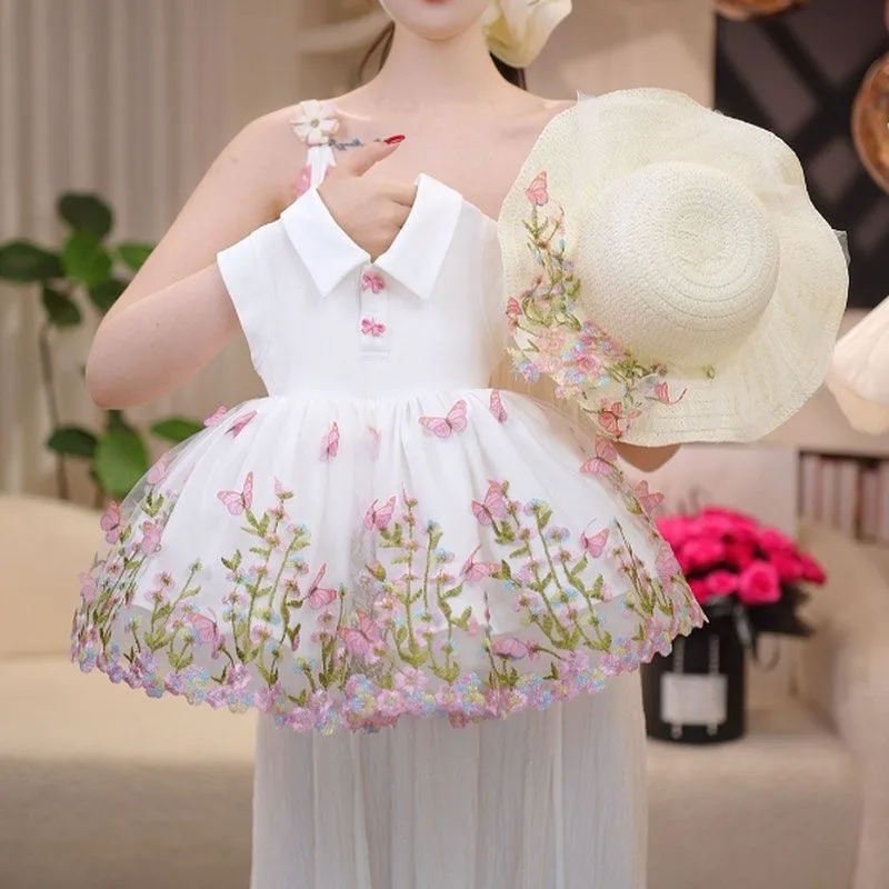 New Summer Girl's Polo-Neck Sleeveless Dress Children Embroidered Flower Pom-Pom Sweet Princess Dress