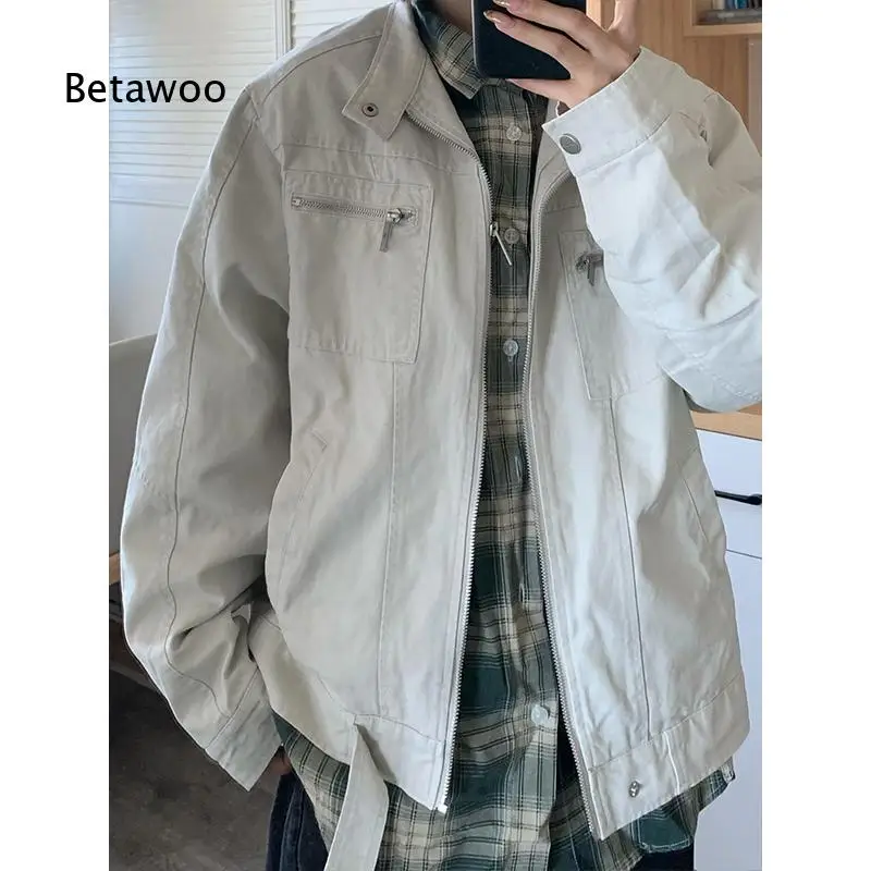 Men Women Vintage Stand Collar Multi Pocket Cargo Jacket Zip Up Washed Canvas Loose Couple Outerwear for Street Daily Wear