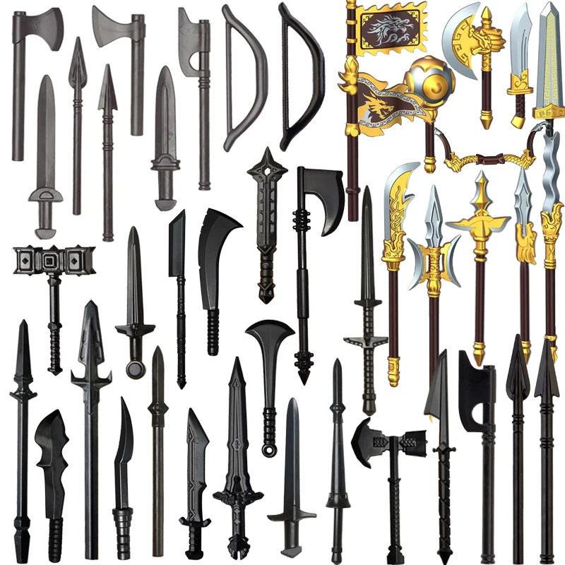 

MOC, аксессуары для средневекового оружия, строительные блоки, спартанский воин, крестоносец, рыцари, фигурки, меч, копье, топор, мини-кирпичи, игрушки для мальчиков