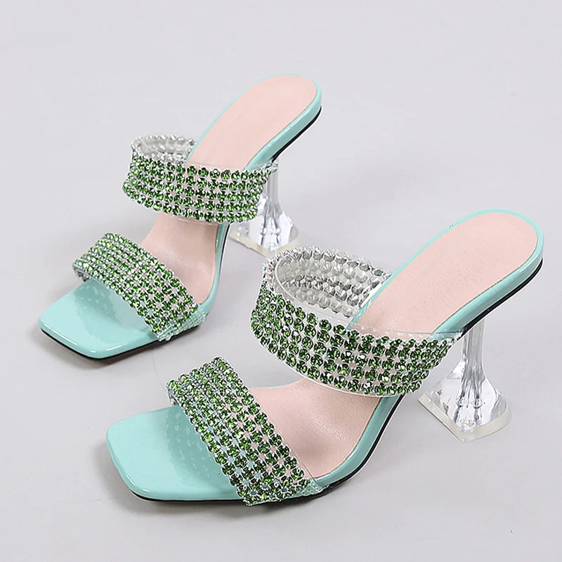 Liyke Sexy Green Rhinestone Women\'s Clear High Heels Slippers Summer Party Dress Shoes Female Crystal PVC Transparent Sandals