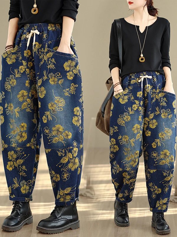 레트로 프린트 루즈핏 대형 사이즈 하란 팬츠 여성 패션 봄 2026 맞춤형 편안한 면 혼방 바지