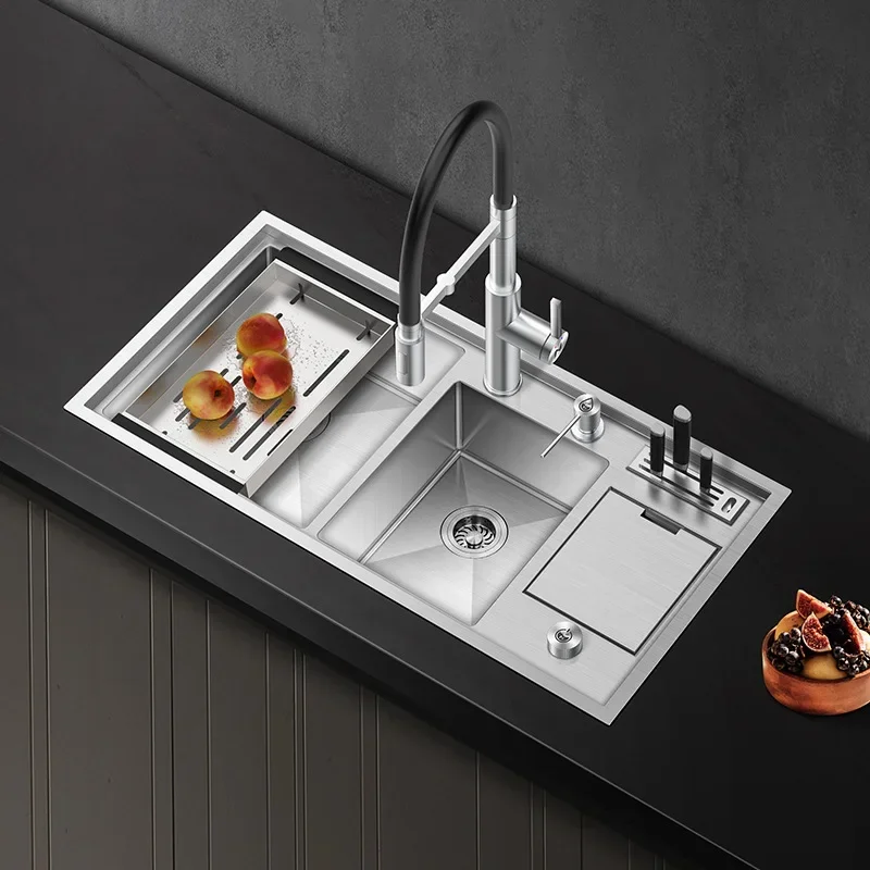Kitchen sink 304 stainless steel brushed vegetable basin thickened function trash can with knife holder handmade sink