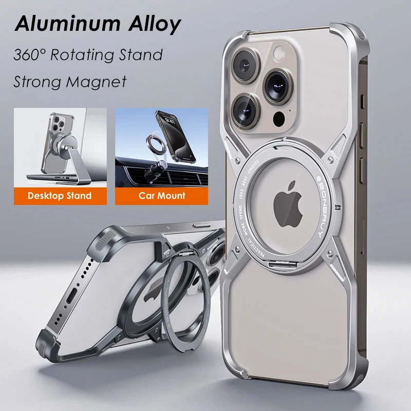 

Magnetic MagSafe 360° Rotation Stand Metal Aluminum Alloy Case For iPhone 15 14 13 Pro Max Removable Frameless Shockproof Cover