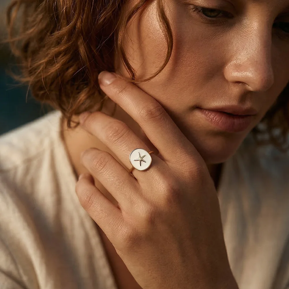 S925 Silver High Polished Big Oval White Resin Wide Resizable Rings Women Cute Starfish Simple Trendy Cocktail Ring Party Gift