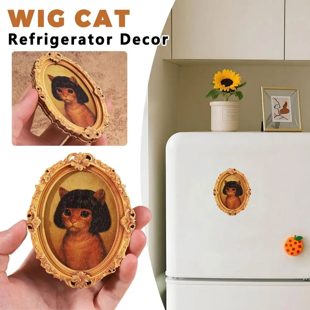 Vintage Holz Ovaler Fotorahmen Kühlschrankmagnet Niedliches Katzenmuster Kühlschrank-Magnetaufkleber Heim- und Küchendekoration