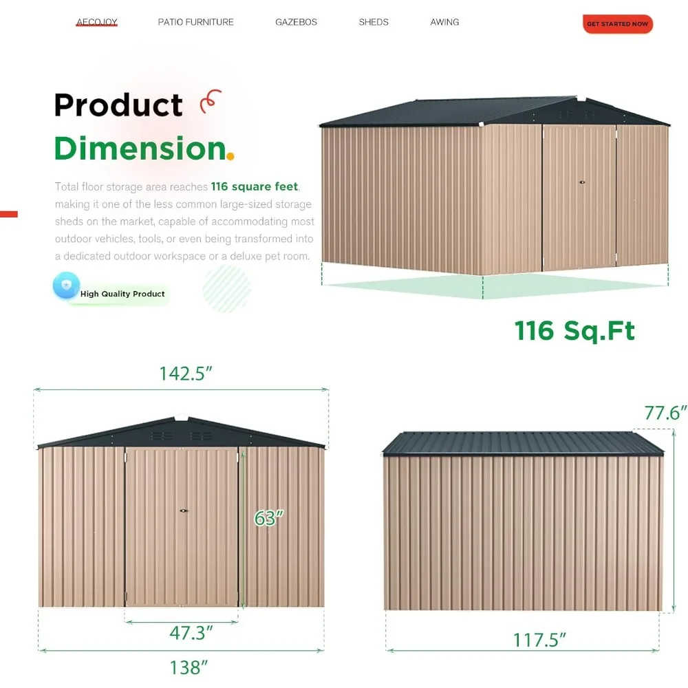 Cobertizo de almacenamiento de metal de 12 'x 10', cobertizo de patio de acero de gran tamaño, diseñado con puertas bloqueables y almacenamiento de herramientas prácticas