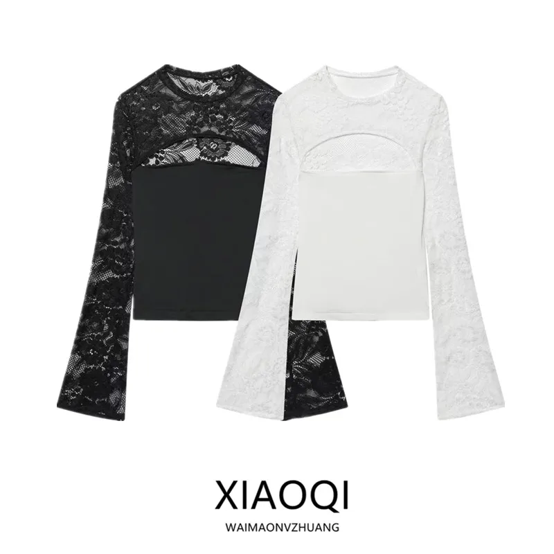 

Spring 2026 Women's Lace Splicing Hollow out Slim Fit Bell Sleeve Top Fashion Design European Style Long Sleeve round Neck Shirt