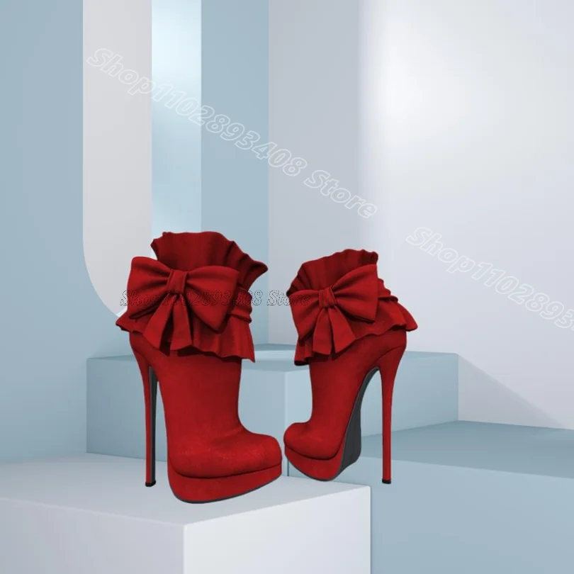 

Red Bowknot Decor Trim Ankle Boots Round Toe Fashion Sweet Style Design for Women Dress Casual Boots 2025 Zapatos Para Mujere