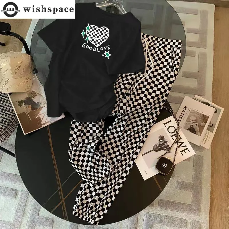 

Sportswear Women's Set Spring and Summer New Korean Edition Casual Loose Fashion Checkered Pants Two Piece Set