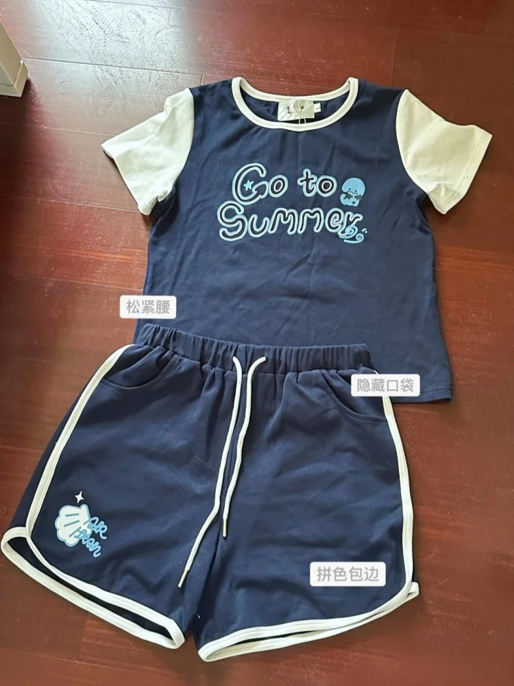 

Japanese Anime Cute Cartoon Navy Matching Sets College Preppy Students Summer T-shirts and Shorts Sweatpants Lolita Girls Casual