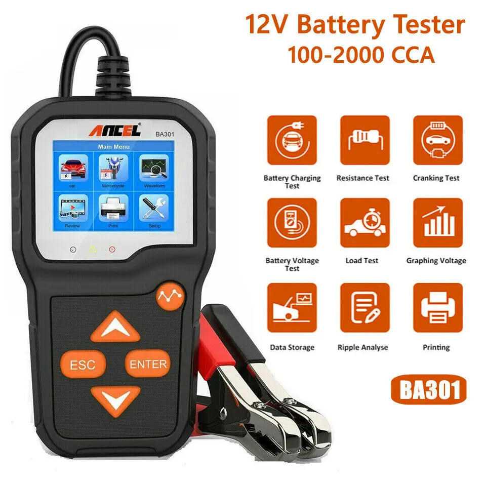 Testeur de batterie de voiture pour véhicules 6-12V 100 à 2000CCA, moto, ANCEL BA301, testeur de batterie, testeur de circuit de démarrage rapide et de charge