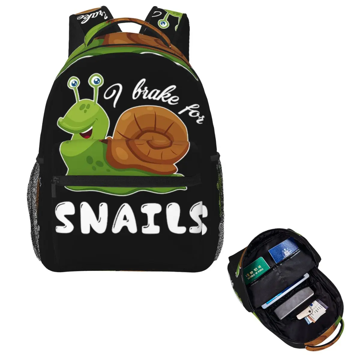 

Snail - I Brake For Snails Backpack Hot Sale Daypack Large Capacity Kids BookBag School Bag Shoulder Bags for Men Women
