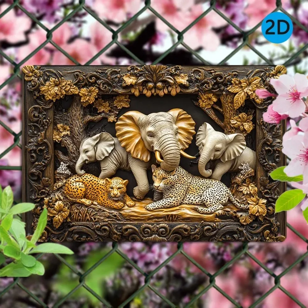 Arte de pared de Metal Vintage, letrero de aluminio, elefante de la selva, leopardo, decoración de escena de vida silvestre para el hogar, oficina, decoración de la habitación al aire libre