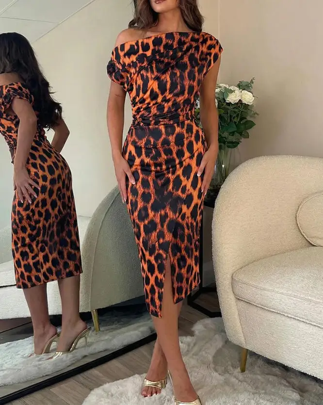 

Women's Dress 2026 Spring Summer Fashion Leopard Printed Slanted Neck Pleated Wrapped Short Sleeve Slim Fit Casual Midi Dress