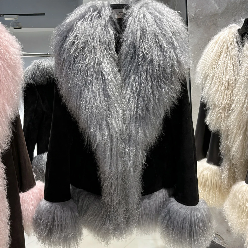 YOLOAgain Real Mongolia Sheep Fur Collar Real Leather Jacket Coat Women