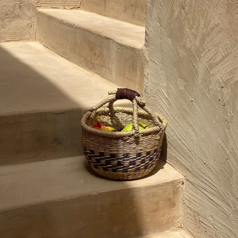BP30 African-Inspired Handcrafted Sea Grass Wicker Basket - Storage Organizer Picnic & Grocery Basket for Outdoor Beach