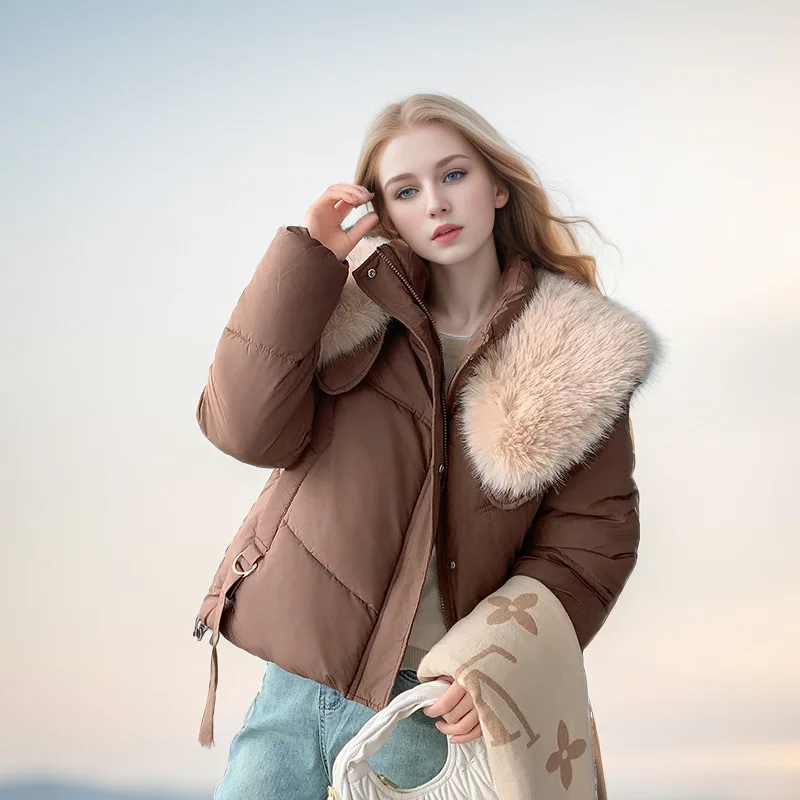 Drawstring Lady's Winter Quilted Jacket pure Color Luxury Fur Collar Pockets Zipper Coat For Women Slouchy-Style Female's Coat
