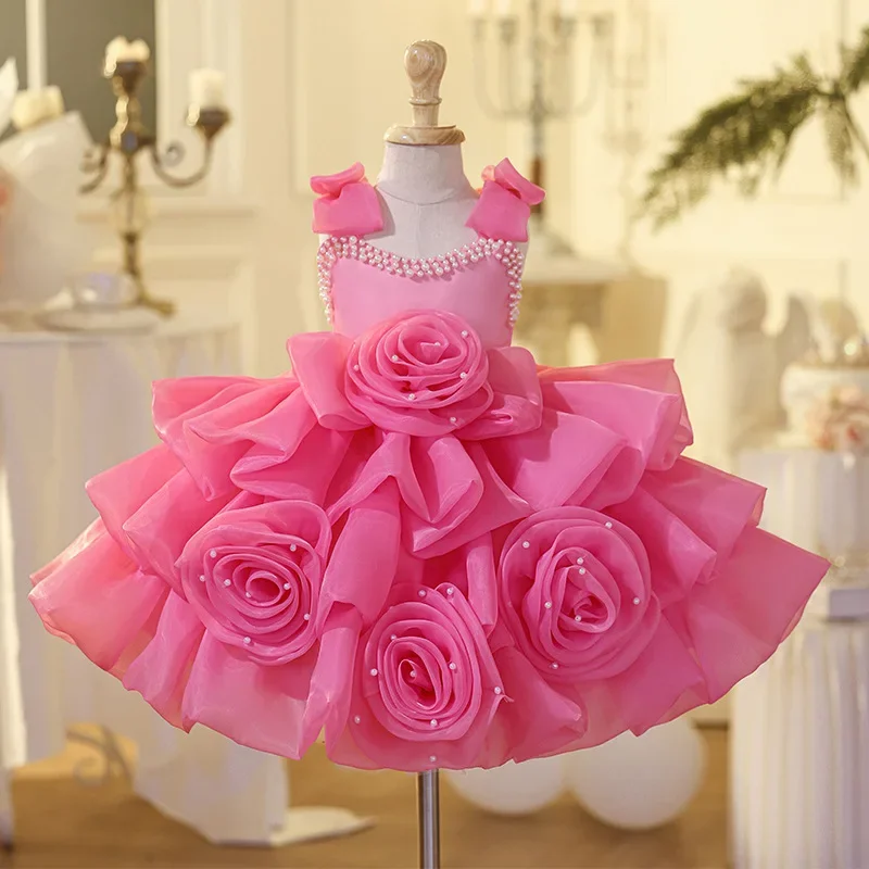 Vestidos de luxo personalizados para meninas, vestidos para casamento, princesa rosa, crianças, laço de pérola, vestidos infantis, vestido de festa de aniversário infantil