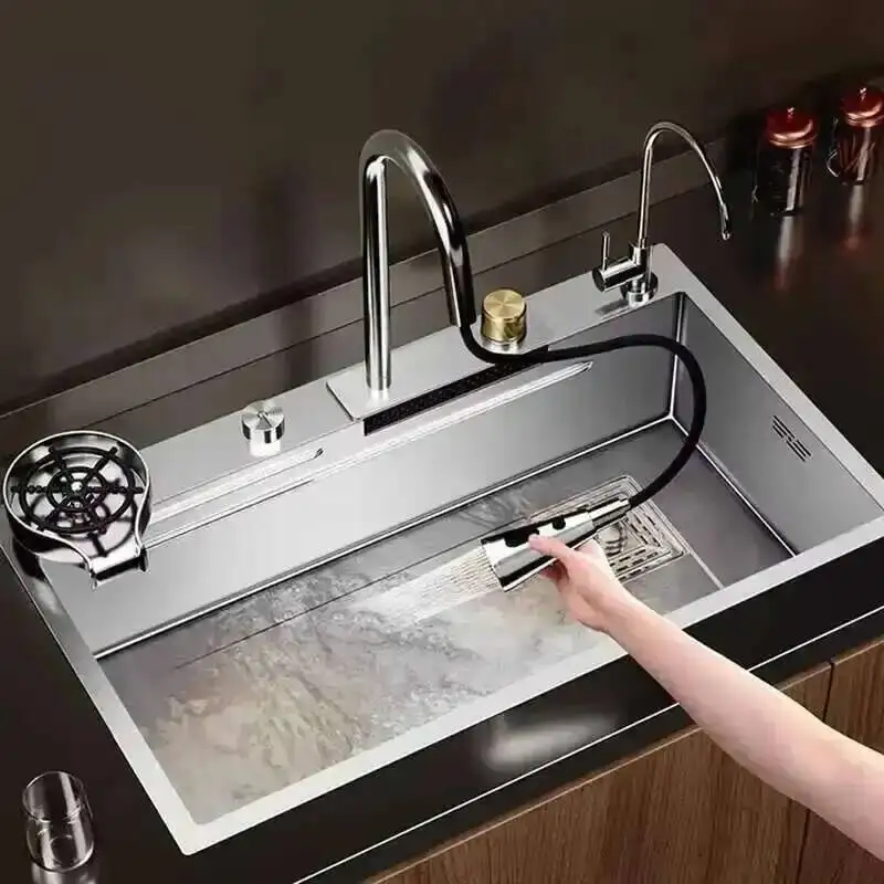 

Trough Metal Kitchen Sinks for Rental Houses Waterfall Large Single Italian Table Control Sink Creative Sink Brushed for Kitchen